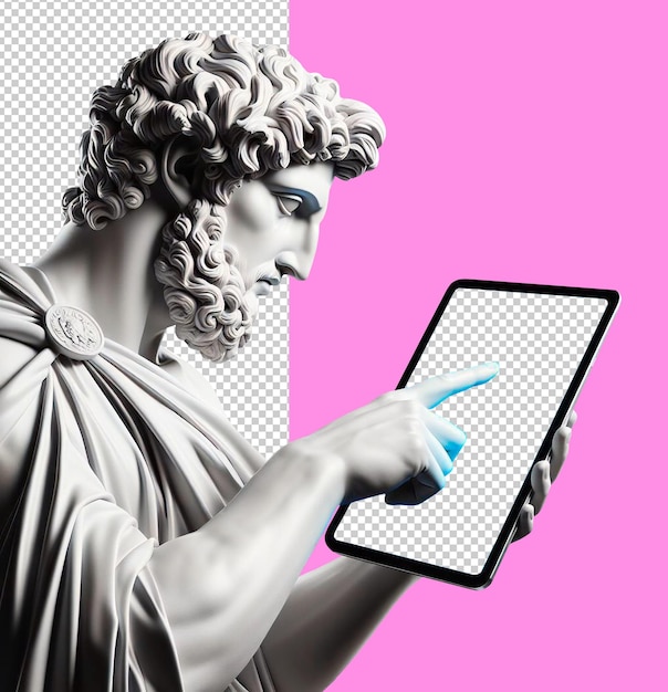 PSD ludzka rzeźba dotyka ekranu tabletu na przezroczystym tle