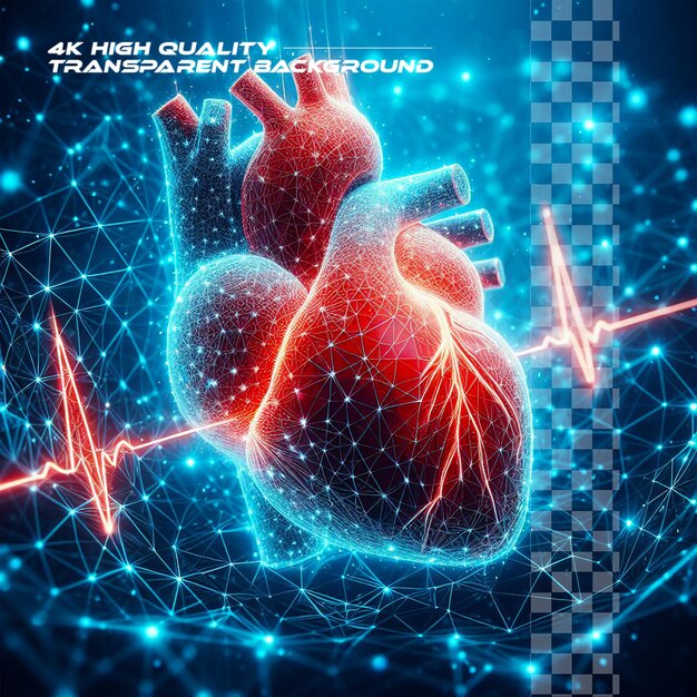PSD ludzkie serce 3d z czerwoną linią tętna cardio projekt w stylu low poly abstrakcyjna niebieska geometria