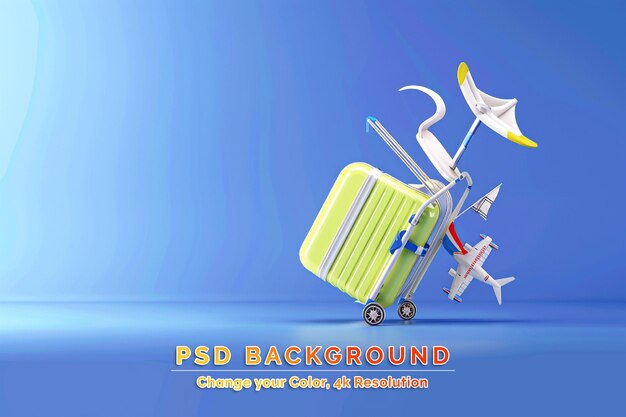 PSD luggage bag with summer accessories travel concept on green background