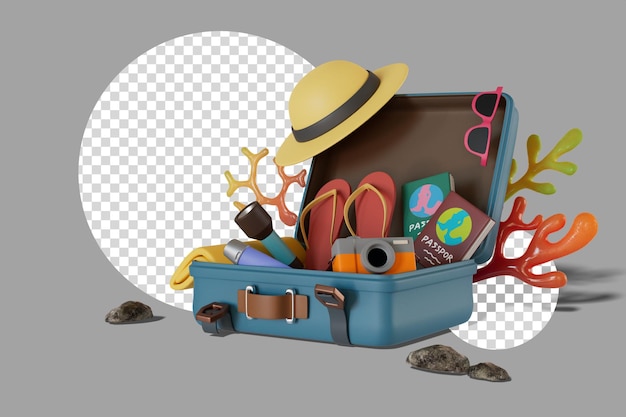 Corallo decorativo per bagagli e bagagli sul retro illustrazione di rendering 3d