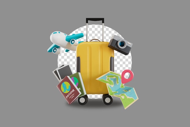 PSD luggage travel camera passport suitcase 3d render illustration