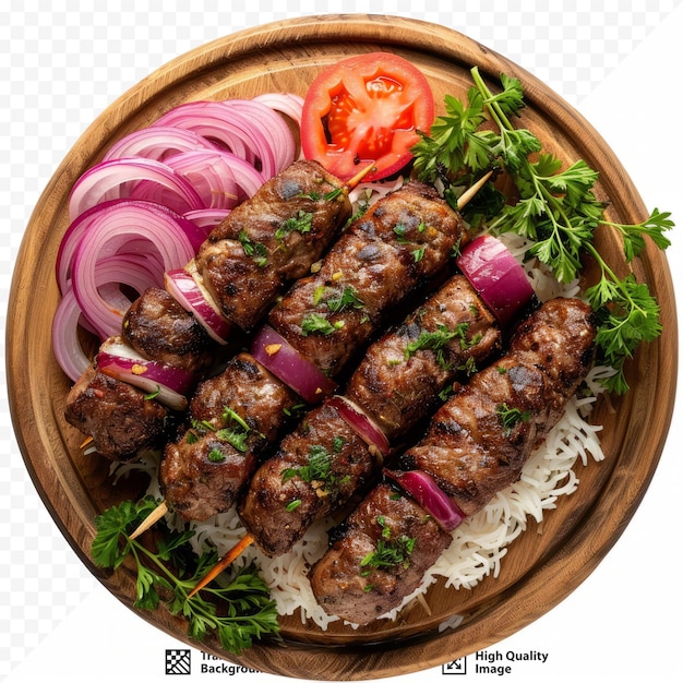 PSD lula kebab with herbs and onion slices in wooden plate isolated on white