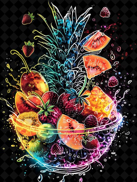 PSD luminescent glowing fruit bowl overflowing and exploding var neon color food drink y2k collection