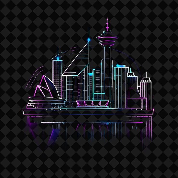 PSD 光霓虹溫哥華天際線 (luminescent neon vancouver skyline) 在一個角形的 siluet 內 png y2k 單城市景觀拼貼藝術