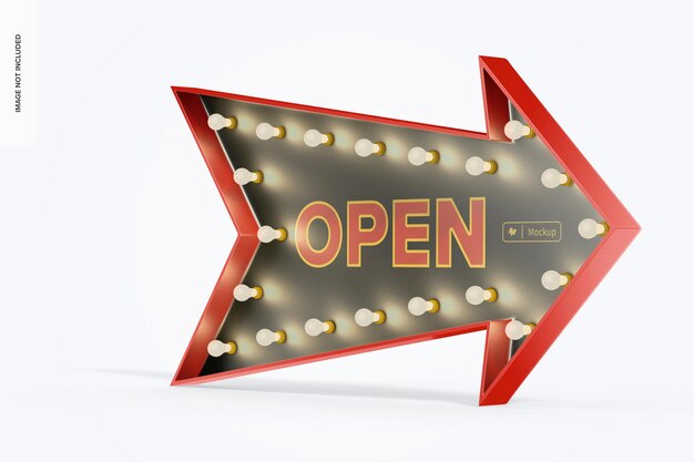 PSD luminous arrow promotional sign mockup, perspective view