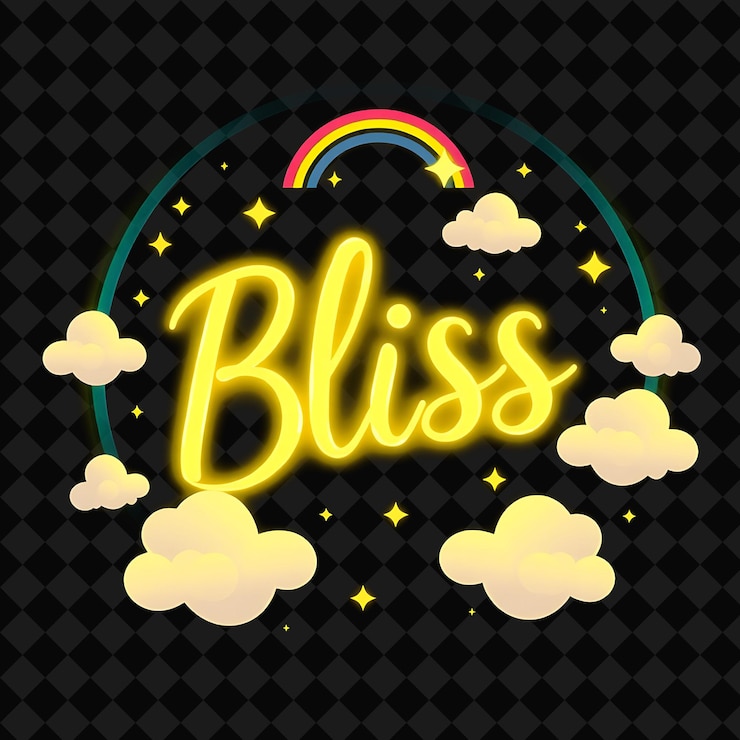 PSD luminous bliss text in neon yellow encircled by blissful clouds a png inspired neon food decornd