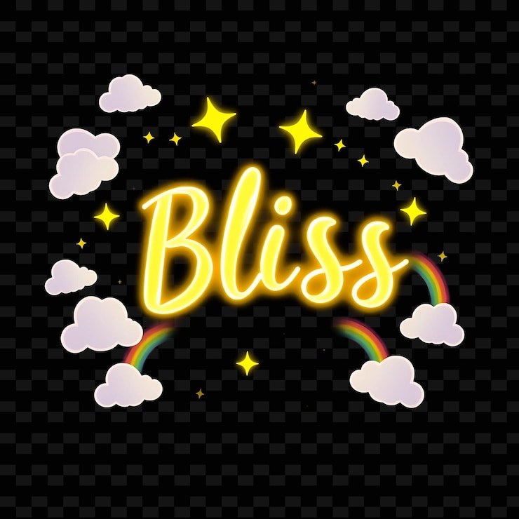PSD luminous bliss text in neon yellow encircled by blissful clouds and r neon yummy typography designa