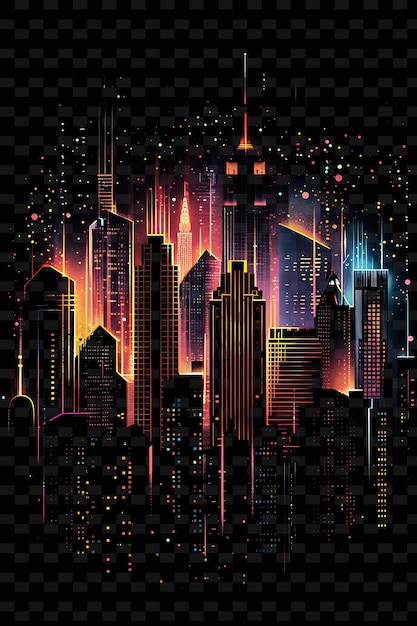 Luminous city skylines composed of architectural silhouettes y2k texture shape background decor art