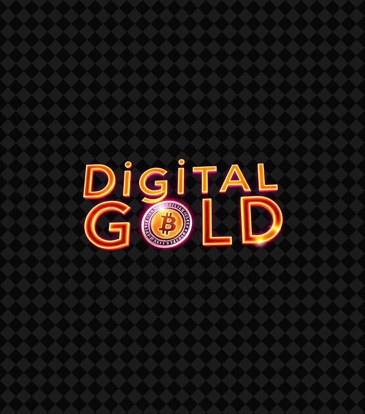 PSD luminous digital gold text in neon gold and rich purple featuring a radiant bitcoin coin and shinin