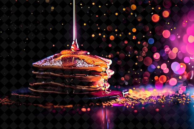 PSD pancake illuminati luminosi con versamento di sciroppo e pioggia di colore neon cibo bevanda collezione y2k