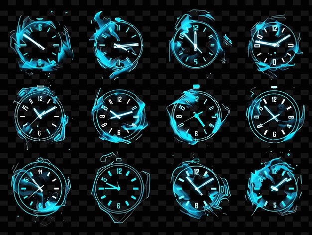 PSD orologi al neon luminosi ticking glitched orologio tessura materiale y2k tessura forma arte di decoro di sfondo