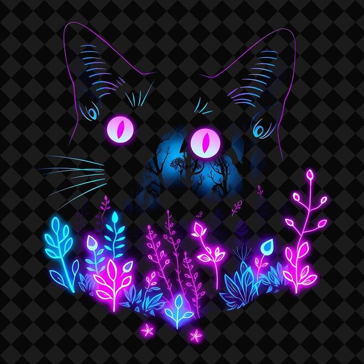 PSD luminous neon midnight forest inside a silhouette cat landscape has glowing plants with neon eyes a