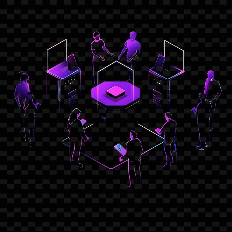 PSD luminous neon primary with voters casting ballots landscape neon line art landscape background
