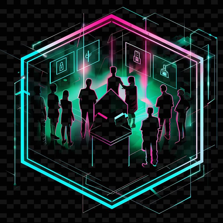 PSD luminous neon voter id with members and signs landscape insi neon line art city view background