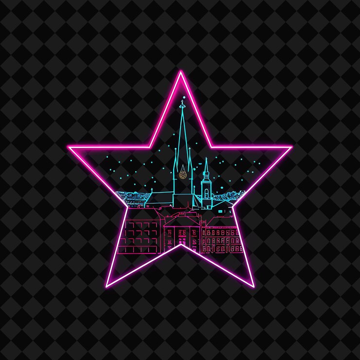 PSD luminous neon zagreb waterfront inside a silhouette star lan png y2k monoline cityscape collage art