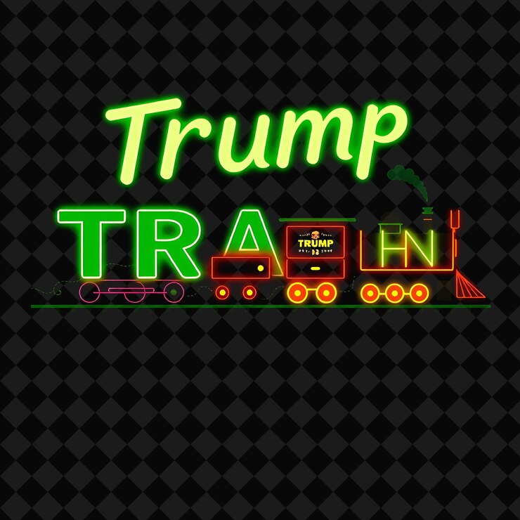 PSD luminous trump train text beams with neon green and lime green featuring a whimsical train chugging