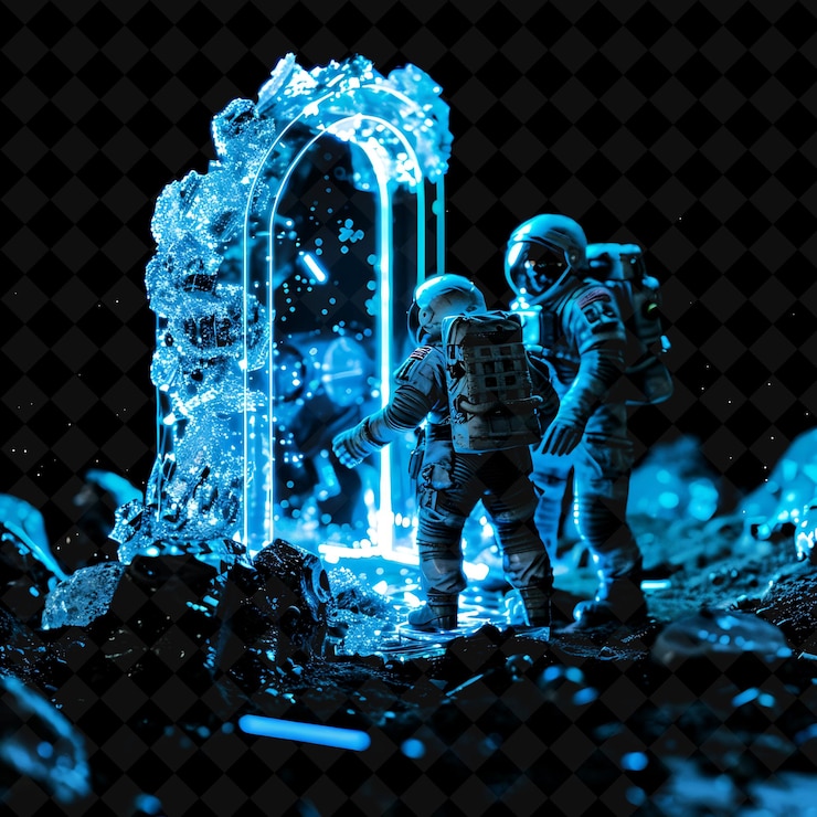 PSD lunar colony gate with moon rocks and astronauts made with i png y2k shape neon color collection