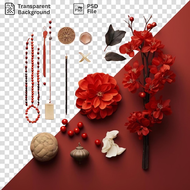 PSD lunar new year decor red florals isolated on transparent background