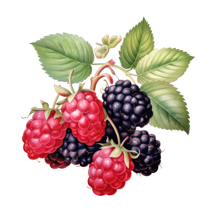PSD a luscious cluster of ripe raspberries and blackberries on a vine