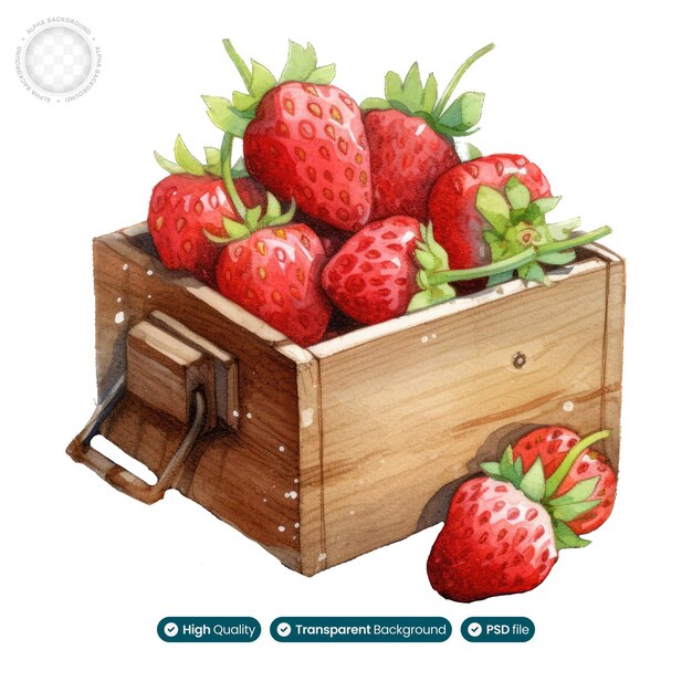 PSD luscious gems watercolor illustration of strawberry crate