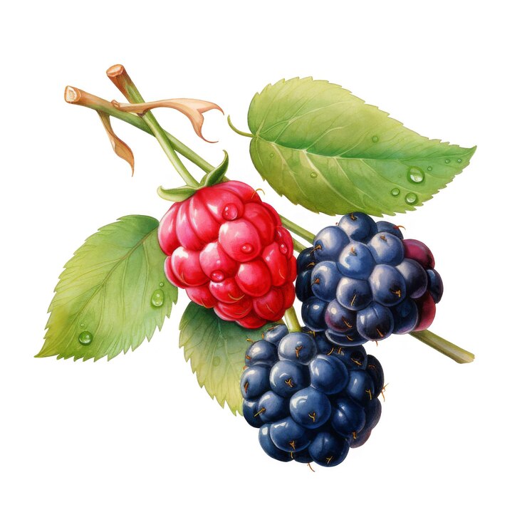 PSD a luscious raspberry and two ripe blackberries on a stem with dewkissed leaves