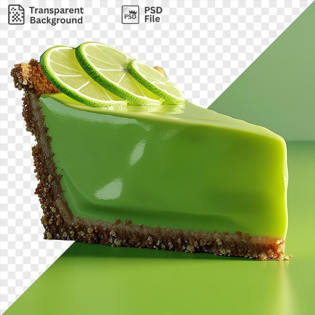 Luscious slice of key lime pie on a green table against a green wall