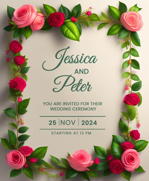 PSD lush floral corners wedding ceremony invitation with elegant greenery design template