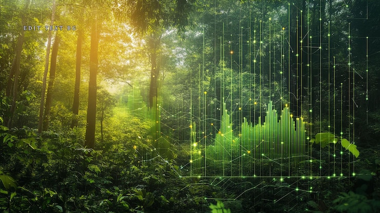 PSD lush green forest with superimposed green graph showing growth and sustainability
