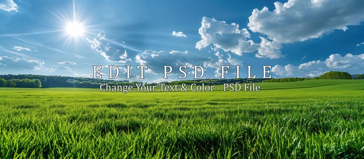 PSD 茂った緑の草 鮮やかな青い空の春のパノラマ