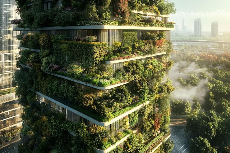 PSD lush green skyscraper with abundant vegetation on balconies and terraces