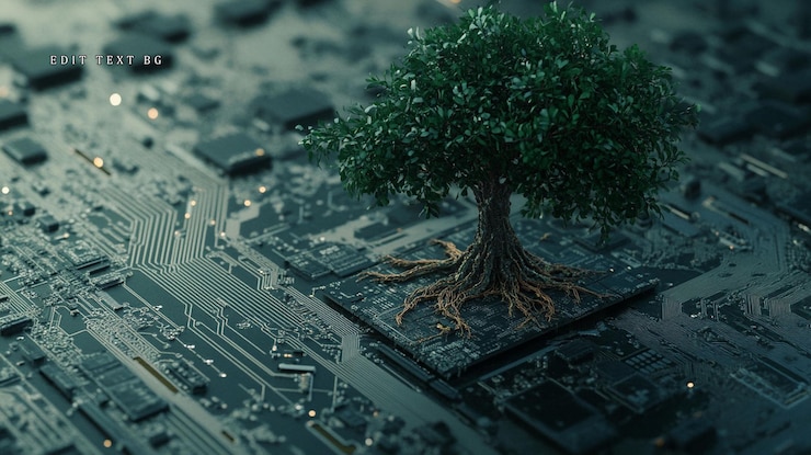 PSD lush green tree growing from a circuit board symbolizing technology and natures coexistence