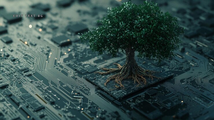 PSD lush green tree growing from a circuit board symbolizing technology and natures coexistence