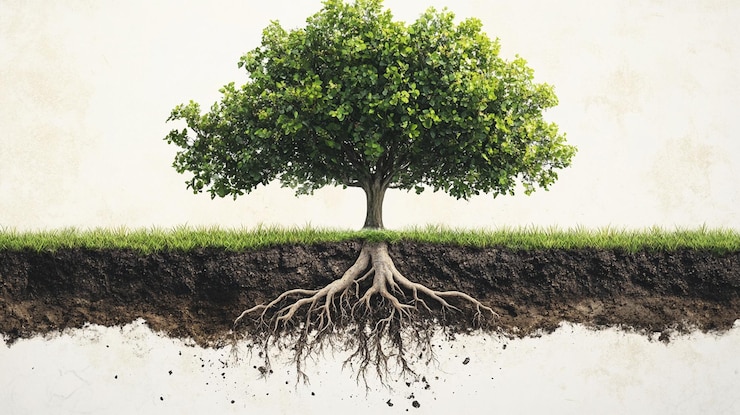 PSD lush green tree with exposed roots on white background