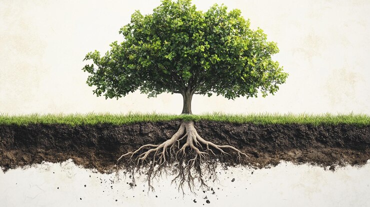 PSD lush green tree with exposed roots on white background