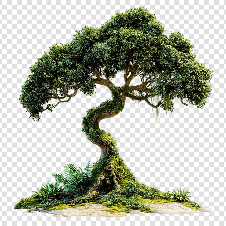 PSD lush green tree with moss covered twisted trunk and base plants