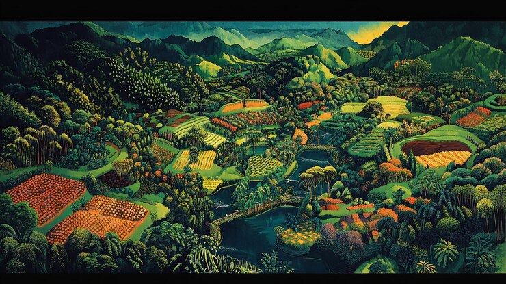 PSD lush green valley landscape with diverse agriculture vibrant colors and tranquil waters