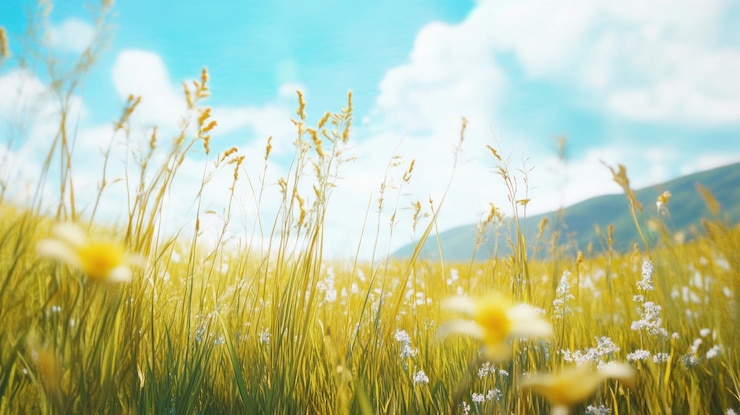 PSD 青い空の下の野花の茂った草原