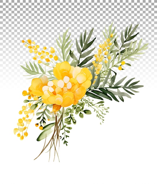 PSD lush mimosa blooms and leaves in watercolor