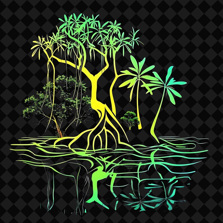 PSD lush neon mangrove forests with a silhouette of a mangrove t png y2k ocean of light collections