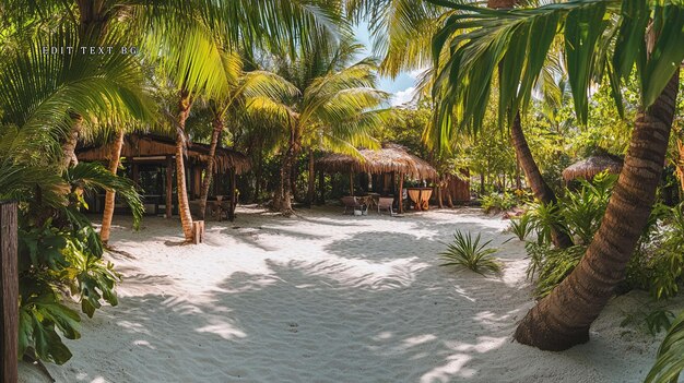 lush tropical beach paradise with thatched huts palm trees and white sand