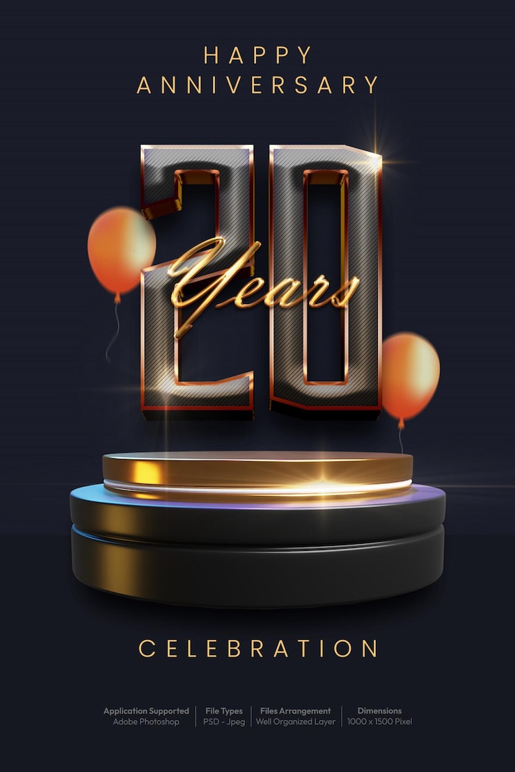PSD luxe 20 jaar verjaardag feest uitnodiging poster banner met bewerkbare tekst nummer 3d stijl