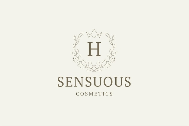 Luxe bloemenkrans met kroon omtrek logo monogram voor cosmetica ontwerp sjabloon