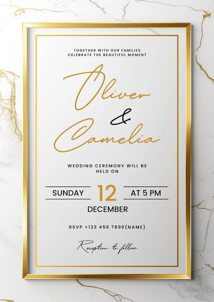 PSD luxe bruiloft uitnodiging kaarten met gouden marmer textuur en geometrisch patroon vector ontwerp template