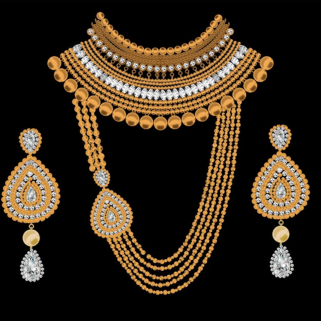 Luxe gouden ketting en oorbellen met diamanten met PSD-bestand