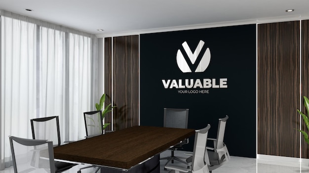 Luxe kantoor vergaderruimte zwarte muur logo mockup