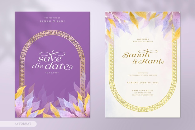 Luxe paarse trouwkaart met bladeren aquarel ornament