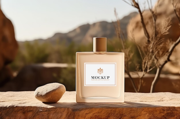 PSD luxe parfum mockup in de woestijn