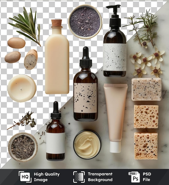 PSD luxe spa- en wellnessproducten op een marmeren toonbank met een verscheidenheid aan flessen in bruin wit en zwart en een kleine witte kom