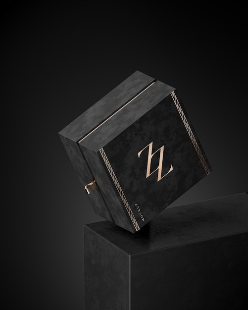 Luxe zwarte doos mockup voor sieraden of geschenkdoos op zwarte abstracte achtergrond 3d render