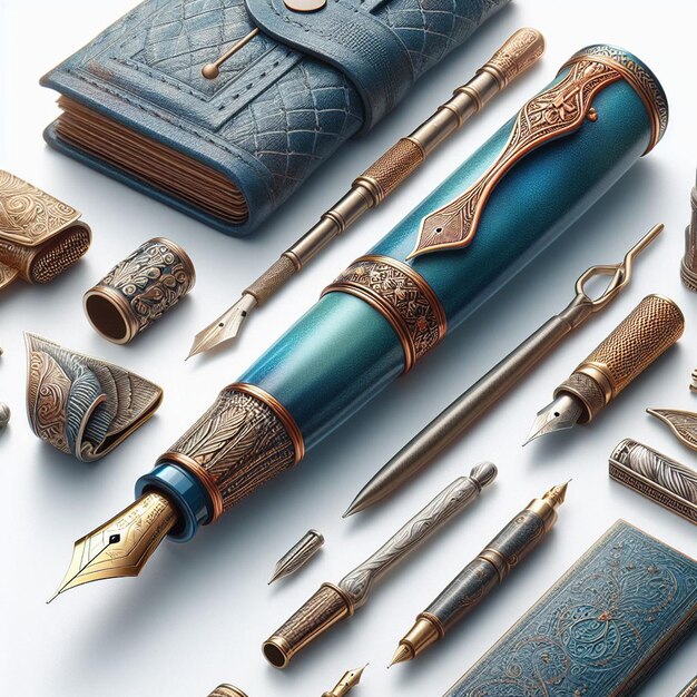 PSD a luxirious fountain pen with a gold design on the top of it on transparent background